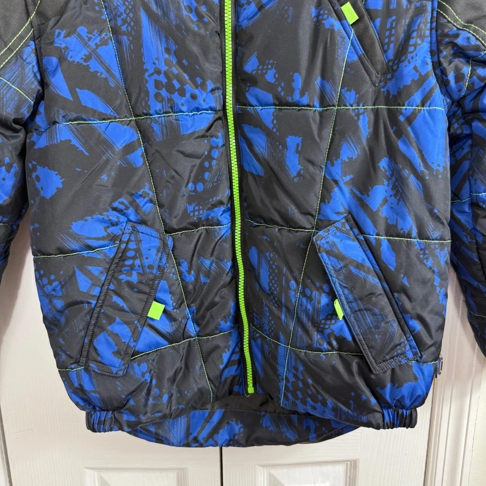 HK58 Hawke & Co Boys XL 14/16 Puffer Jacket Blue Black Neon Green Hooded Coat